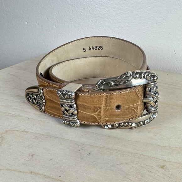 Brighton vintage Light Tan Leather Belt Silver Classic Small 28-30” Croc Emboss - Picture 1 of 5